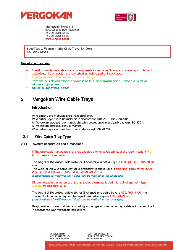 Spec Text_2_Vergokan_Wire Cable Trays_EN_2019